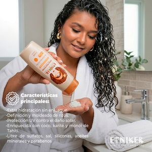 Crema para Peinar, Crema para Peinar Etniker, Extra Hidratacion, Sin Enjuague, Definicion, Moldeo, Proteccion UV, Coco, Karite, Monoi de Tahiti, Libre de Sulfatos, Libre de Sal, Libre de Siliconas, Libre de Aceites Minerales, Libre de Parabenos, Producto Etniker, Etniker