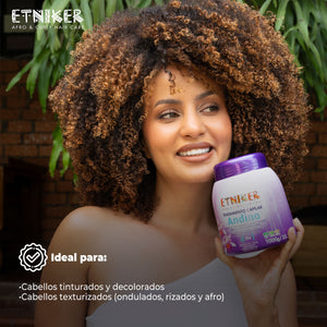 Tratamiento Capilar Andino, Tratamiento Capilar Andino Etniker, Tratamiento Capilar Mi Tierra Andino Etniker, Producto Tratamiento Capilar Mi Tierra Andino Etniker, Cabello Tinturados, Cabello Decolorados, Cabellos Texturizados, Cabellos Ondulados Rizados y Afro, Tratamiento Capilar Etniker, Producto Etniker, Etniker