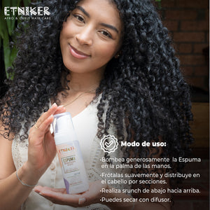 Espuma Intensificadora de Rizos, Espuma Intensificadora de Rizos Etniker, Producto Espuma Intensificadora de Rizos Etniker, Frotala Suavemente y Distribuye, Realiza Srunch, Puedes Secar Con Difusor, Producto Etniker, Etniker