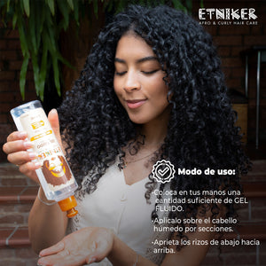 Gel Fluido, Gel Fluido Etniker, Producto Gel Fluido Etniker, Aplique Sobre el Cabello Humedo, Aprieta los Rizos de Abajo Hacia Arriba, Producto Etniker, Etniker
