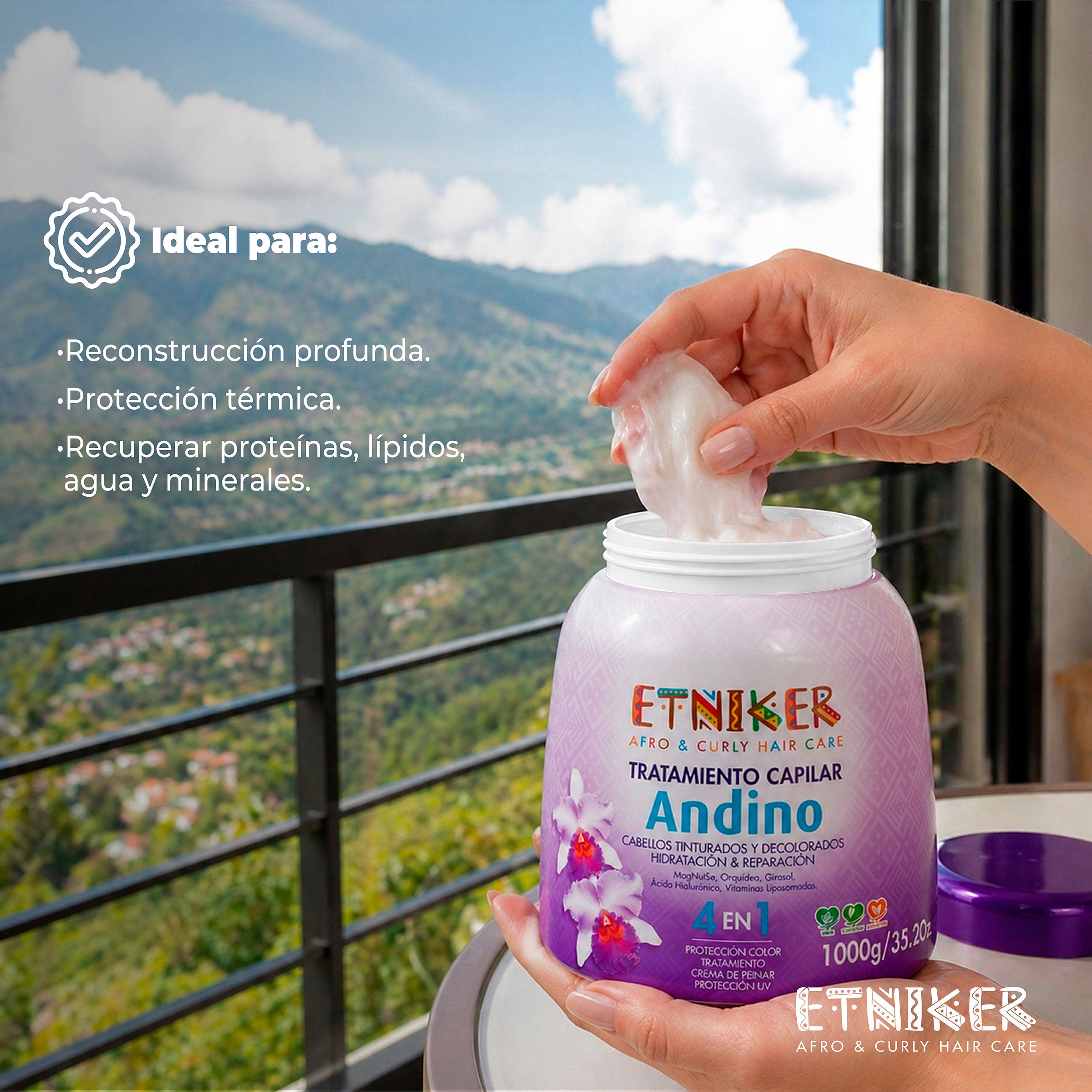 Tratamiento Capilar, Tratamiento Capilar Andino, Tratamiento Capilar Andino Mi Tierra, Tratamiento Capilar Andino Mi Tierra 4 en 1, Tratamiento Capilar Andino Mi Tierra  4 en 1 Etniker, Cabellos Tinturados, Decolorados, Hidratacion, Reparacion, Magnutse, Proteccion Color, Tratamiento, Crema de Peinar, Proteccion Uv, Producto Etniker, Etniker