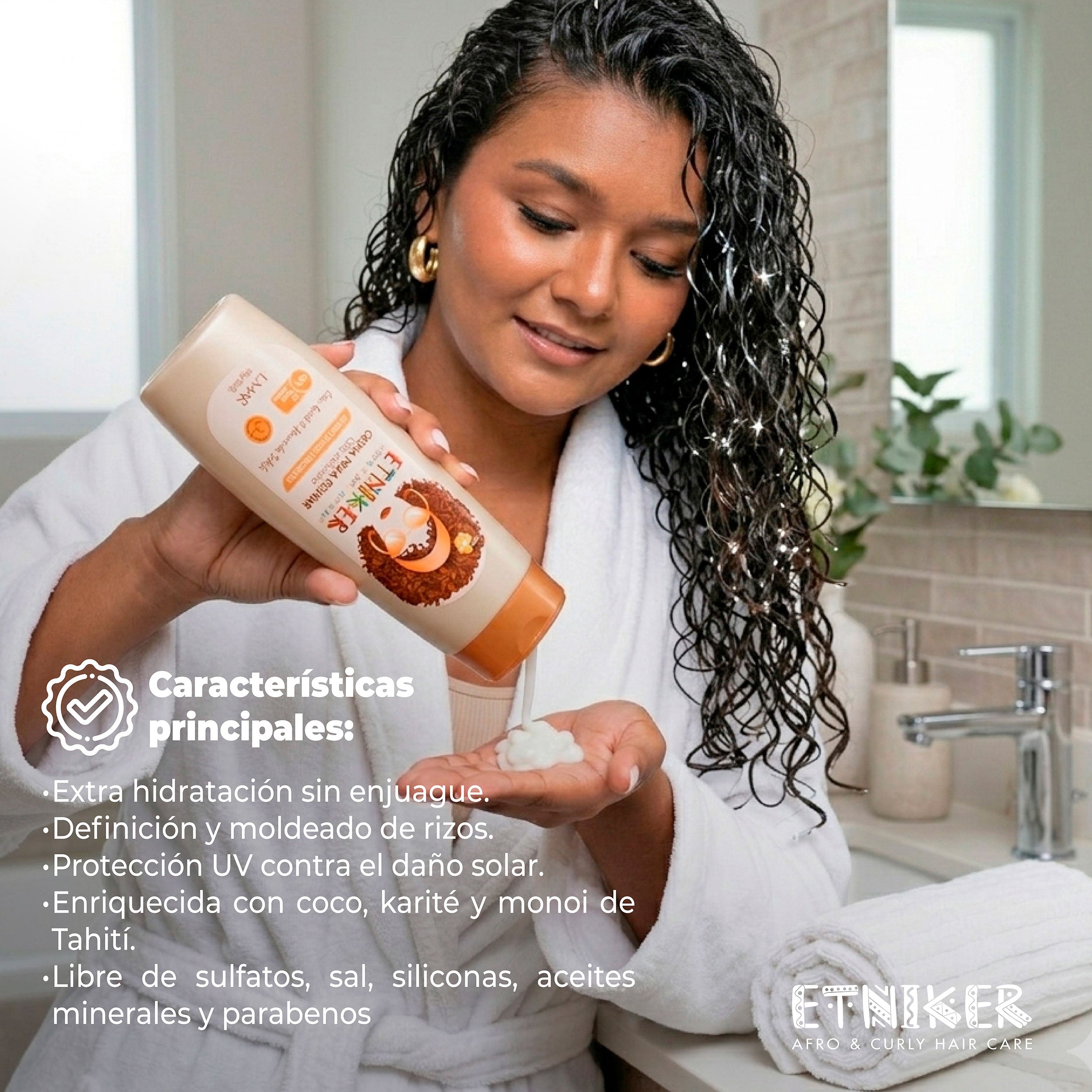 Crema para Peinar, Crema para Peinar Etniker, Extra Hidratacion, Sin Enjuague, Definicion, Moldeo, Proteccion UV, Coco, Karite, Monoi de Tahiti, Libre de Sulfatos, Libre de Sal, Libre de Siliconas, Libre de Aceites Minerales, Libre de Parabenos, Producto Etniker, Etniker
