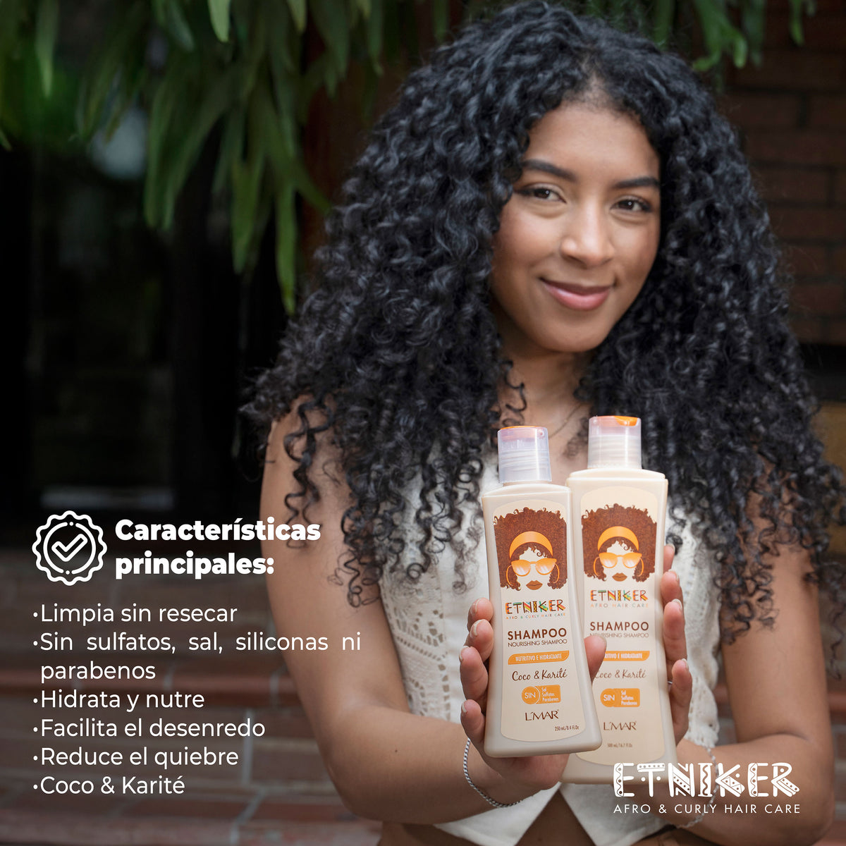 Shampoo Nutritivo Etniker, Limpia sin Resecar, Sin Sulfato, Sin Sal, Sin Siliconas, Sin Parabenos, Hidrata y Nutre, Facilita el Desenredo, Reduce el Quiebre, Coco y Karite, Producto Etniker, Shampoo Etniker, Etniker