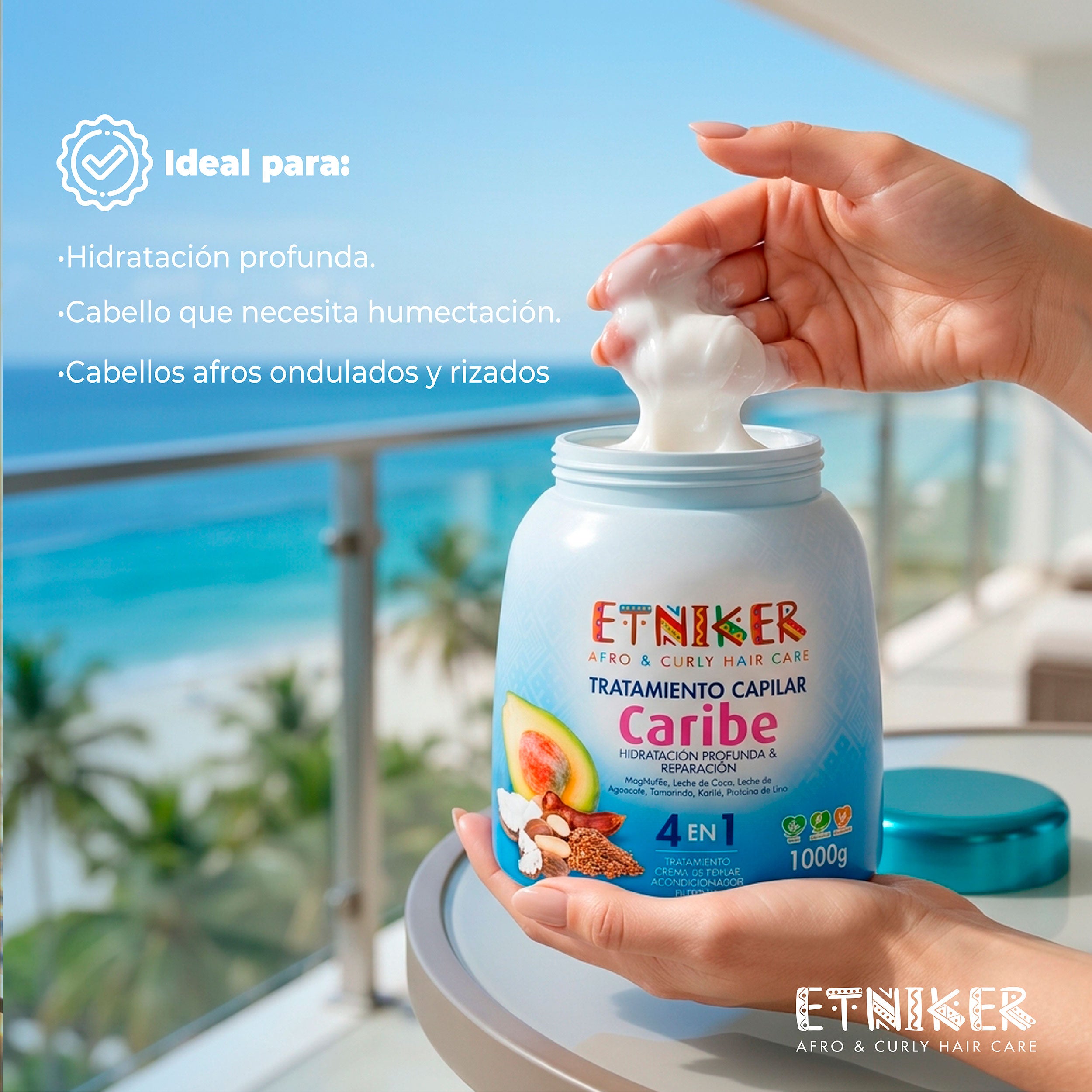 Tratamiento Capilar, Tratamiento Capilar Mi Tierra, Tratamiento Capilar Mi Tierra Caribe, Tratamiento Capilar Mi Tierra Caribe Etniker, Tratamiento Capilar 4 en 1, Hidratacion Profunda y Reparacion, Tratamiento, Crema de Peinar, Acondicionador, Filtro Uv, Producto Etniker, Etniker