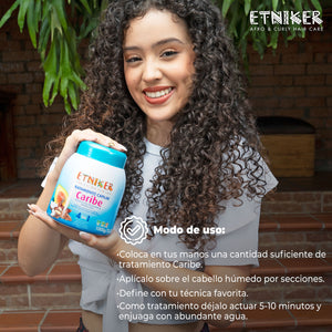 Tratamiento Capilar Caribe, Tratamiento Capilar Caribe Etniker, Tratamiento Capilar Mi Tierra Caribe Etniker, Producto Tratamiento Capilar Mi Tierra Caribe Etniker, Sobre el Cabello Humedo, Define con tu Tecnica Favorita, Enjuaga con Abundante Agua, Producto Etniker, Etniker